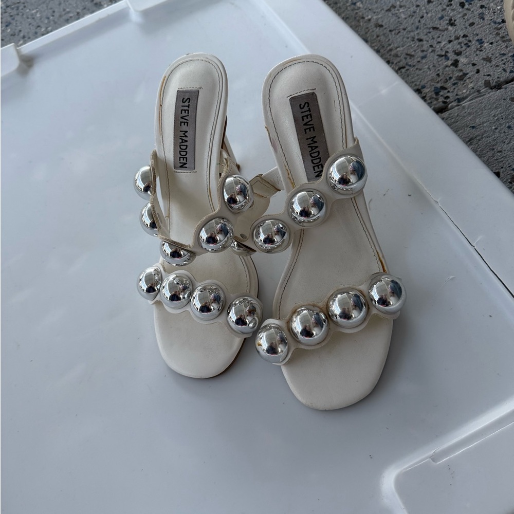 Steve Madden Cream Slide Mules with Silver Orb Accents